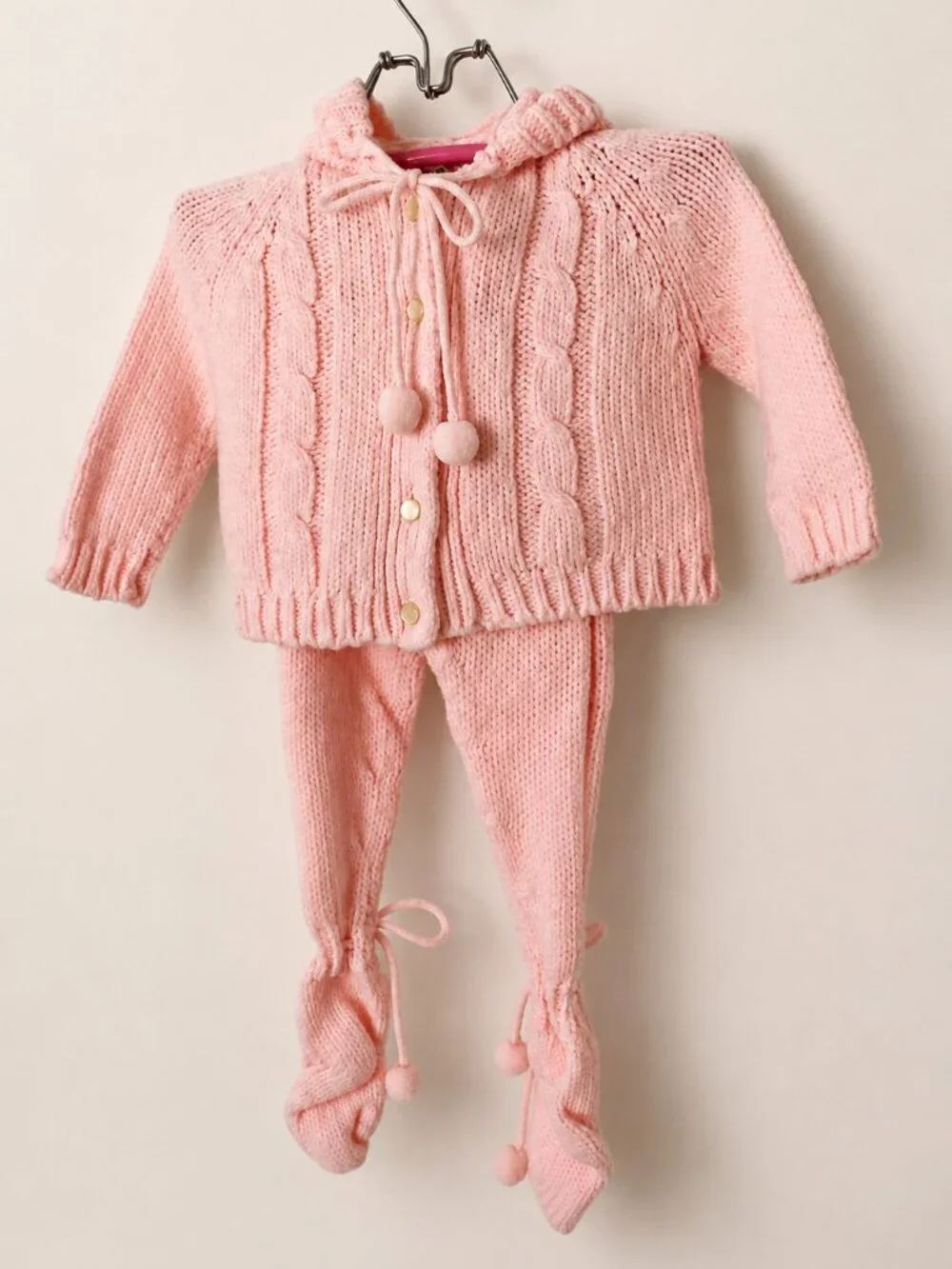 Vintage Newport Pink Knit Baby Sweater & Footed Pants Set Handmade Look